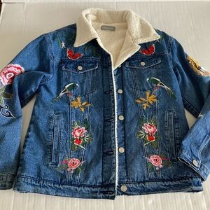 Bagatelle Denim Shearling Lined Jacket with Patches Women’s Size Small